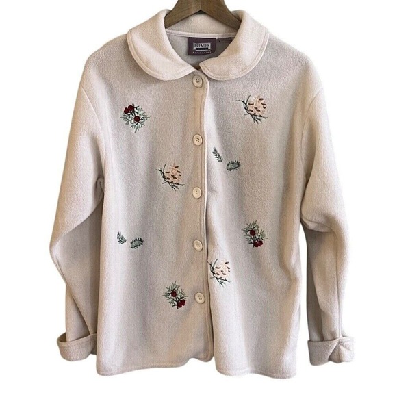 Jackets & Blazers - VTG Womans Premier Long Sleeve Fleece Button Jacket Pine Cone Embroidery Size XL